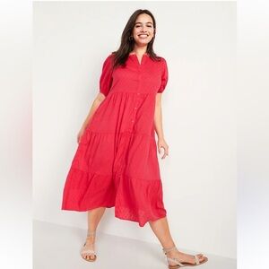 Old Navy Hot Pink Puff-Sleeve Clip-Dot Button-Front Midi Swing Dress